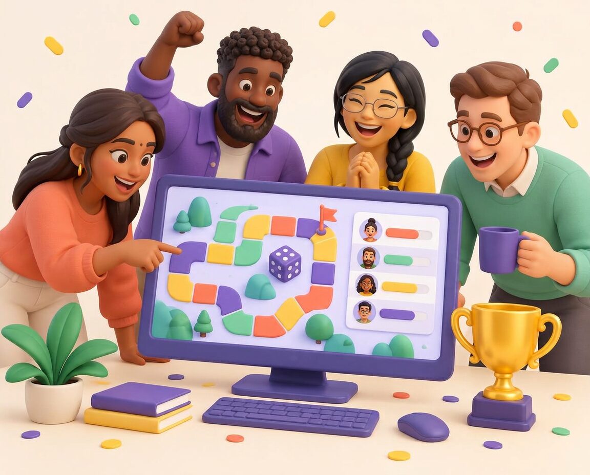 Four teammates gathered around a computer screen, cheering while playing a company game together
